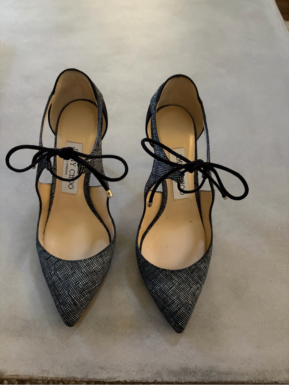 Jimmy Choo Black Textured Pointed-Toe Lace-Up Heels